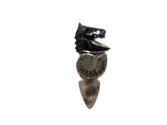 33510 Hand Carved Onyx Horse, Ammonite, Druzy Sterling Silver Pin Pendant