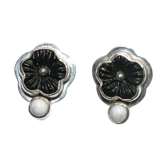 33513 Carved Black Onyx, White Calcite Sterling Silver Earrings