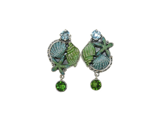 33514 Hand Enameled Sealife Cluster with Celestial Quartz Sterling Silver Post/Clip-On Earrings