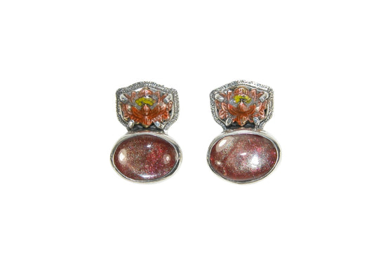 33516 Hand Enameled Lotus' with Quartz Crystal Sterling Silver Post/Clip-On Earrings