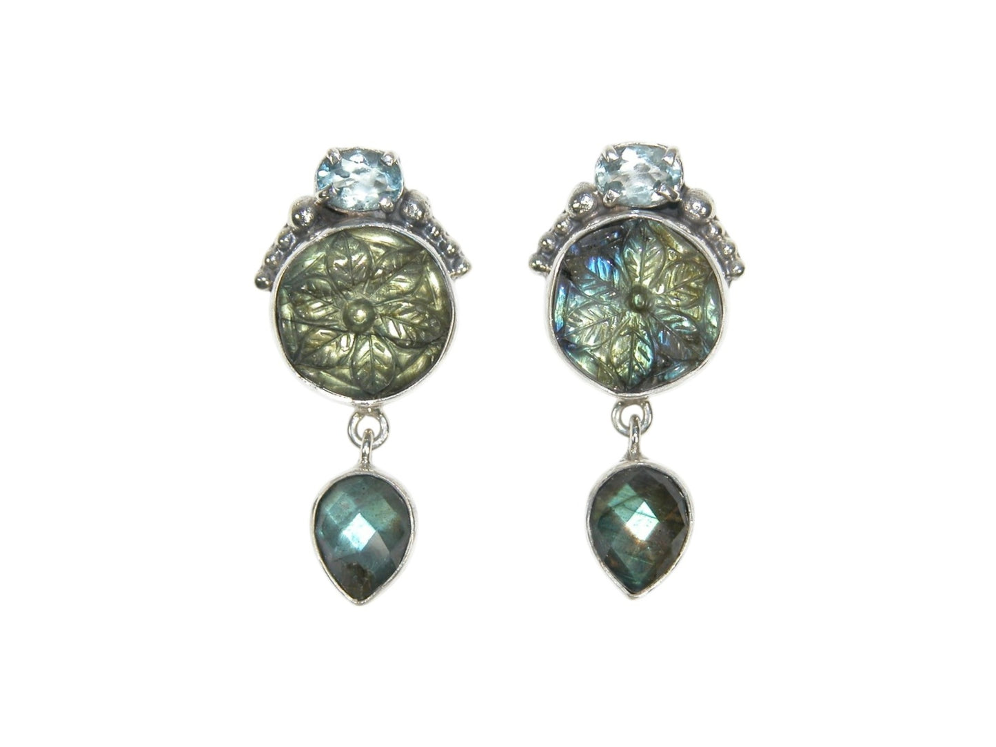 33519 Hand Carved Labradorite Flowers Sterling Silver Post/Clip-On Earrings