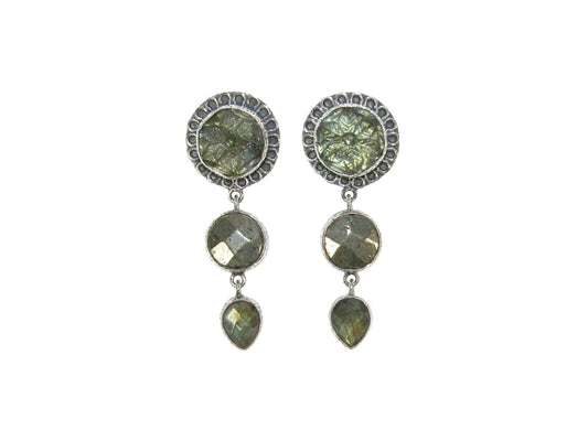 33521 Hand Carved Labradorite with Pyrite Drop Sterling Silver Post/Clip-On Earrings