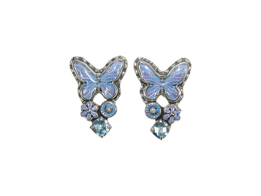 33523 Hand Enameled Butterfly with Blue Topaz Sterling Silver Post/Clip-On Earrings