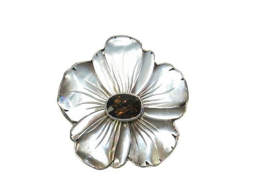 Mother of Pearl Smokey Quartz Flower Pin and Pendant