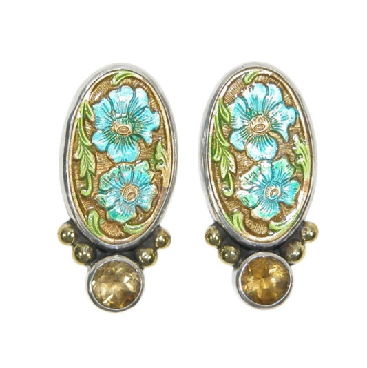 Hand Enameled Teal Flowers with Citrine Sterling Silver Earrings