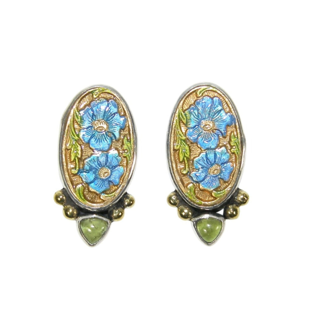 Hand Enameled Blue Flowers with Vesuvianite Sterling Silver Earrings