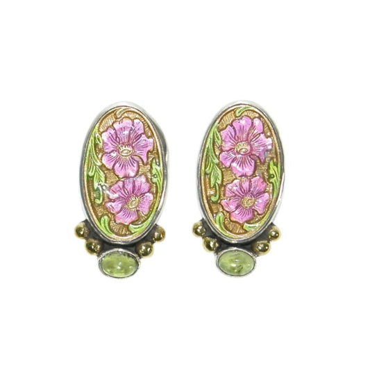 Hand Enameled Pink Flowers with Peridot Post/Clip-On Sterling Silver Earrings