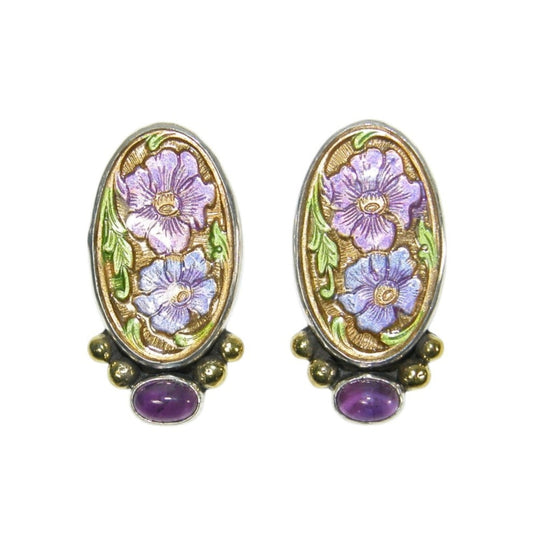 33530C Hand Enameled Purple Flowers with Amethyst Sterling Silver Post/Clip-On Earrings