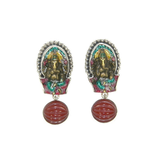 33534 Ganesha with Hand Carved Carnelian Sterling Silver Dangle Earrings