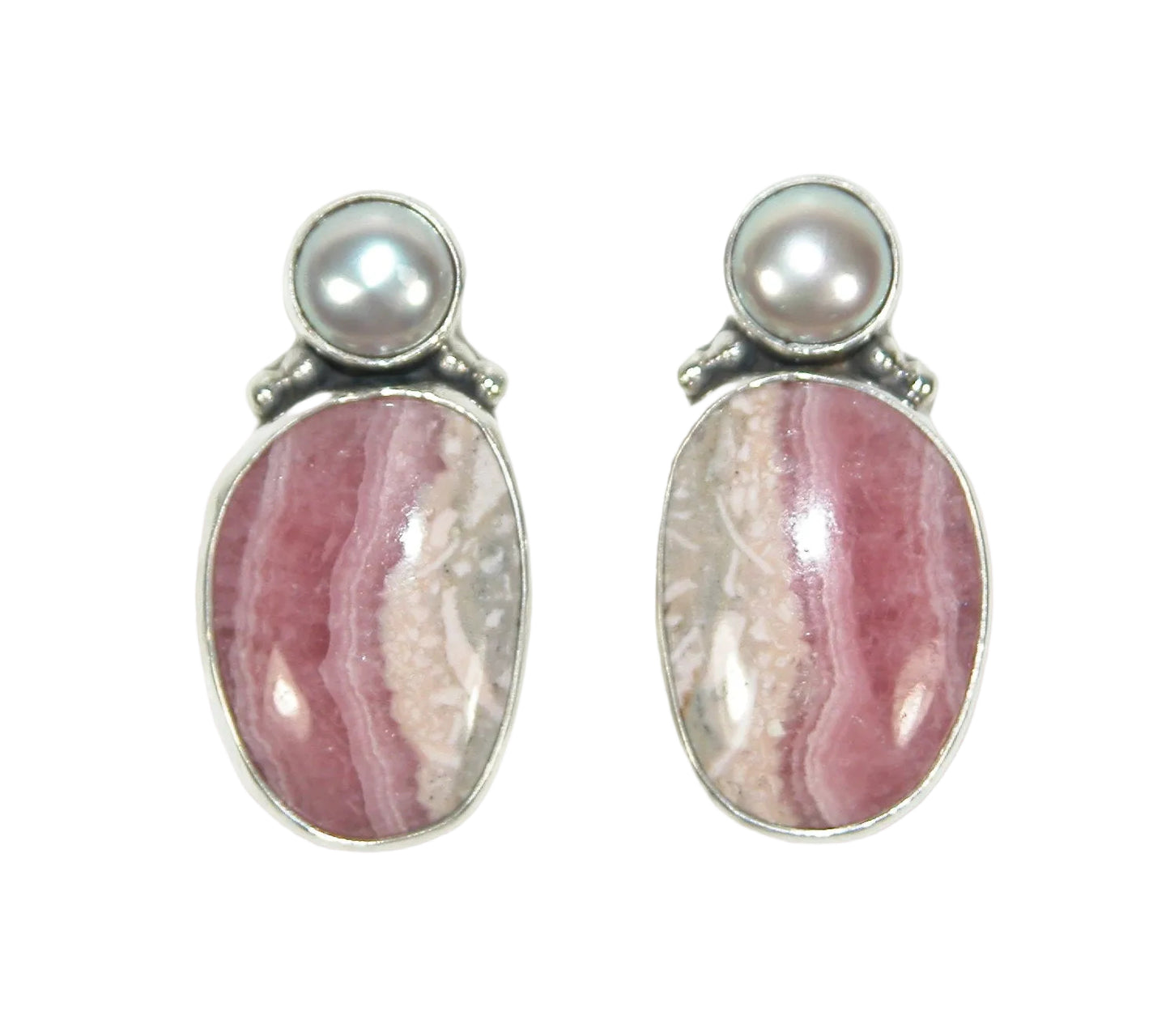 33538A Rhodochrosite, Freshwater Pearl Sterling Silver Earrings