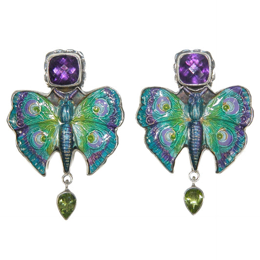 33539B Hand Enameled Butterfly with Phosphosidierite and Amethyst Post/Clip-On Earrings