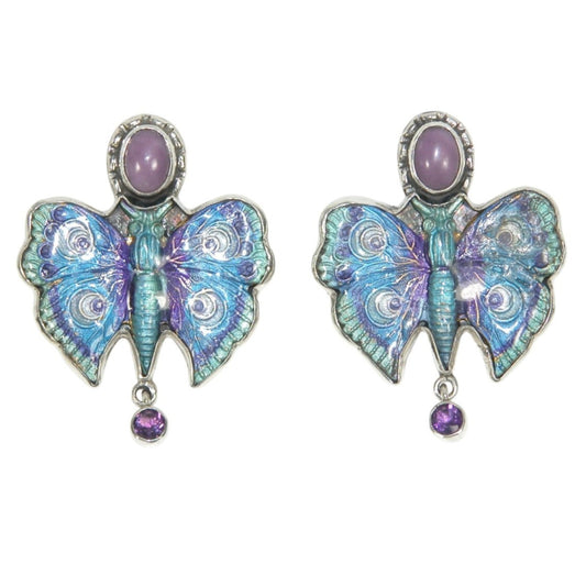 Hand Enameled Moth with Phosphosiderite and Amethyst Post/Clip-On Earrings