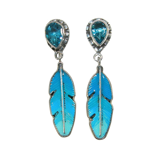 33540B Hand Enameled Blue Feather Aquamarine Sterling Silver Earrings