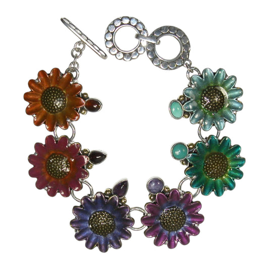 Multi Colored Hand Enameled Floral Sterling Silver Bracelet