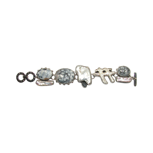Fossil Coral, Agate, Freshwater Pearl Sterling Silver Bracelet