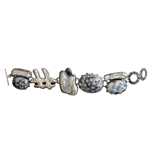 33547 Fossil Coral, Agate, Freshwater Pearl Bracelet
