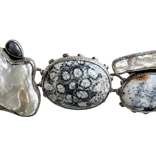 33547 Fossil Coral, Agate, Freshwater Pearl Bracelet