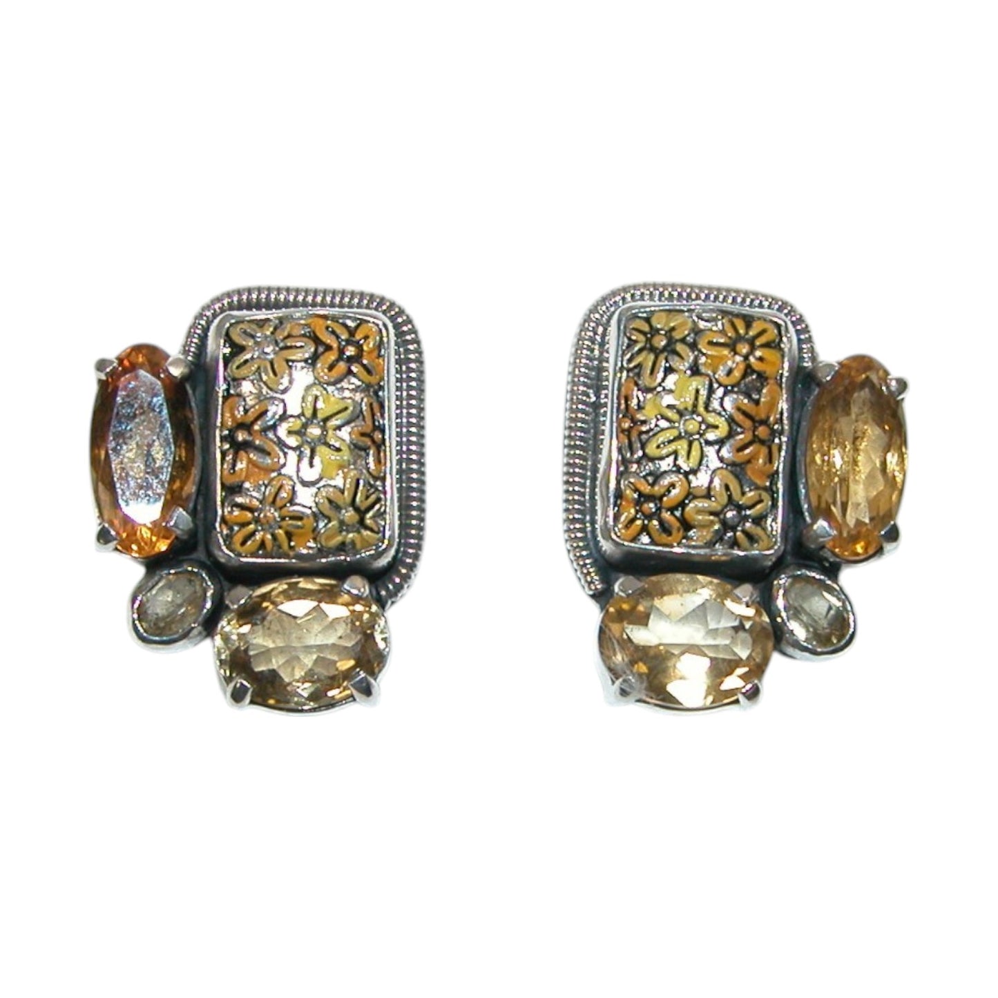 33553 Hand Enameled Citrine Sterling Silver Earrings