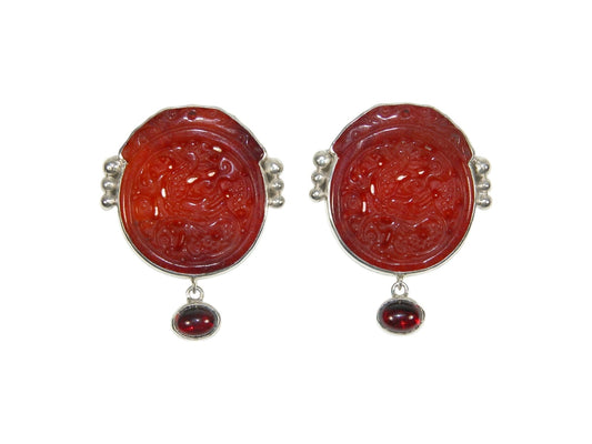33557 Hand Carved Carnelian Dragon with Garnet Sterling Silver Post/Clip-On Earrings
