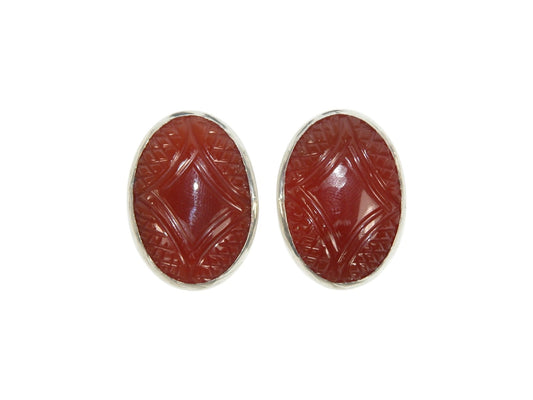 33560 Carved Carnelian Oval Sterling Silver Post/Clip-On Earrings