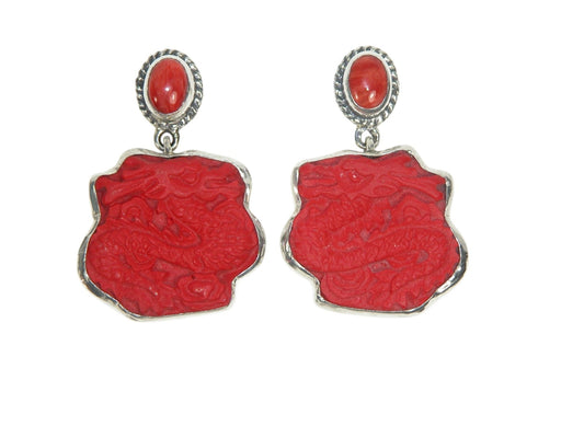 33561 Hand Carved Cinnabar Dragons with Sea Bamboo Sterling Silver Earrings