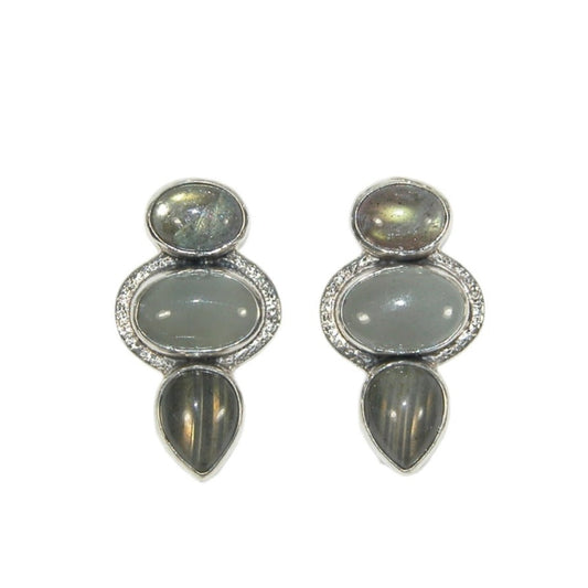 33568 Three Stone Labradorite and Aquamarine Sterling Silver Post Earrings