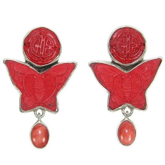33574 Cinnabar Butterflies with Apple Coral Sterling Silver Post/Clip-On Earrings