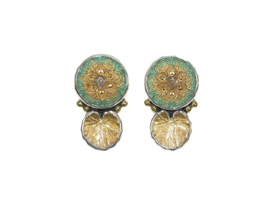 33575 Czech Glass Button with Lily Pad Sterling Silver Post/Clip-On Earrings