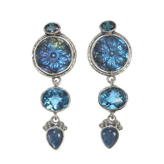33577 Hand Carved Labradorite Flower Drop Sterling Silver Earrings
