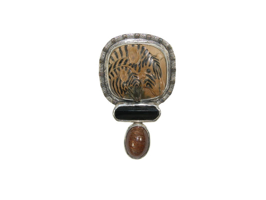 33580 Hand Carved Ivory Zebras Inlaid with Ebony Sterling Silver Pin and Pendant