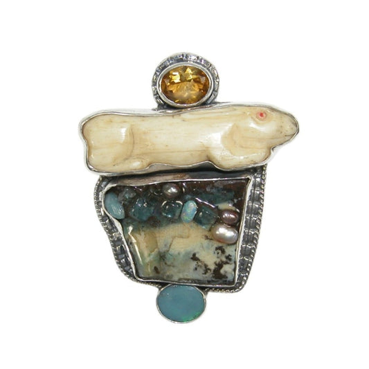 Hand Carved Rabbit from bone with Boulder Opal Pin Pendant