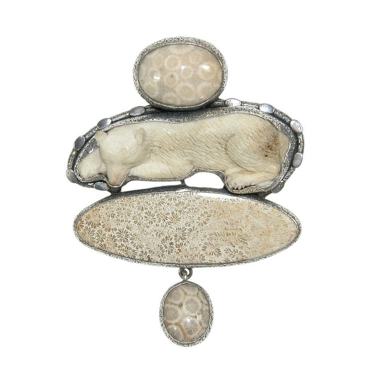 Hand Carved Animal Sterling Silver Pin Pendant with Fossil Coral