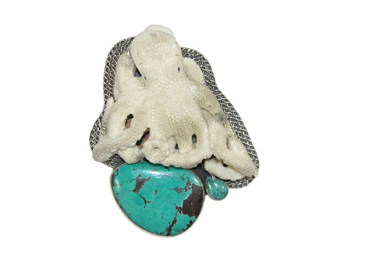 Hand Carved Octopus with Turquoise Sterling Silver Pin and Pendant