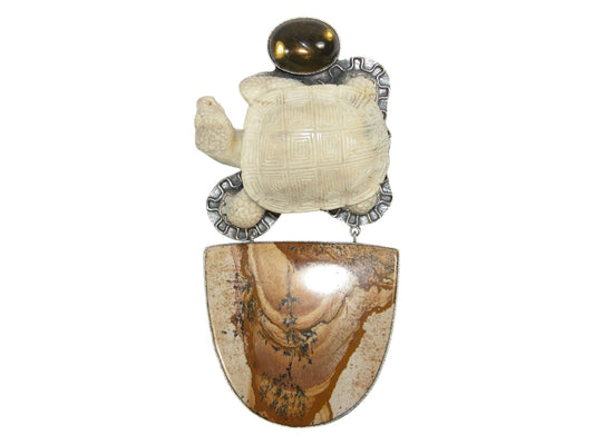 Hand Carved Turtle with Picture Jasper and Whisky Topaz Sterling Silver Pin Pendant