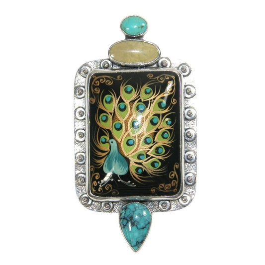 Hand Painted Miniature Peacock on Black Onyx Sterling Silver Pin Pendant