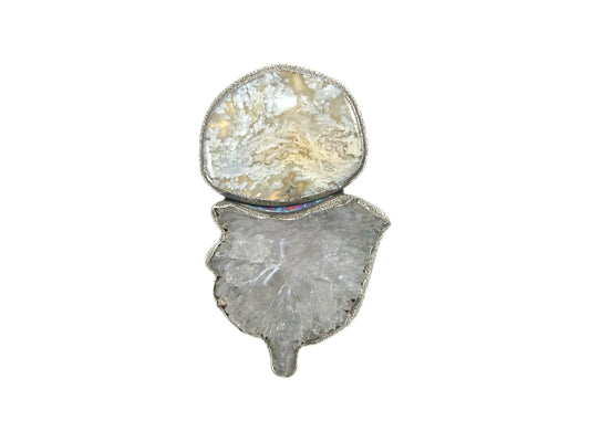Plume Agate and Natural Crystal Specimen Sterling Silver Pin and Pendant