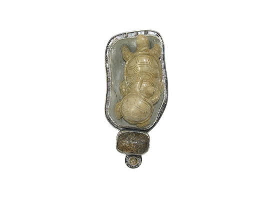 33602 Hand Carved Turtles from Jasper Sterling Silver Pin Pendant