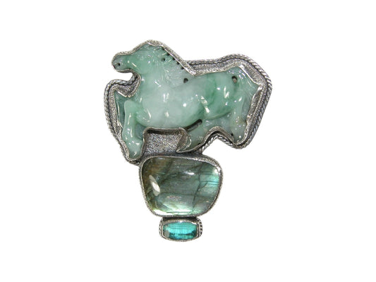 33603 Hand Carved Collectable Jade Horse Sterling Silver Pin and Pendant