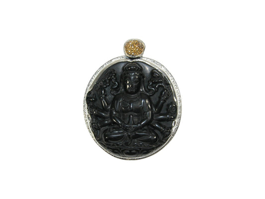33611 Carved Black Agate Buddha with Brazilian Agate Drusy with 24K Gold Pin and Pendant