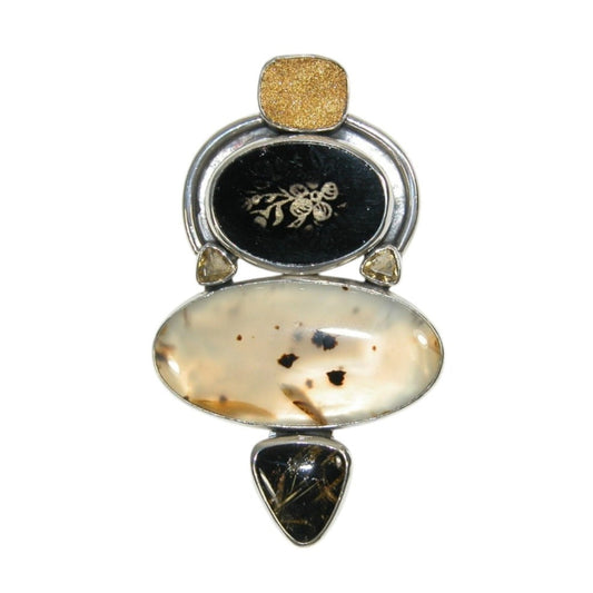 33613 Montana Agate with Vintage Glass Sterling Silver Pin Pendant
