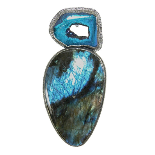 Labradorite and Brazilian Agate Drusy with Titanium Sterling Silver Pin Pendant
