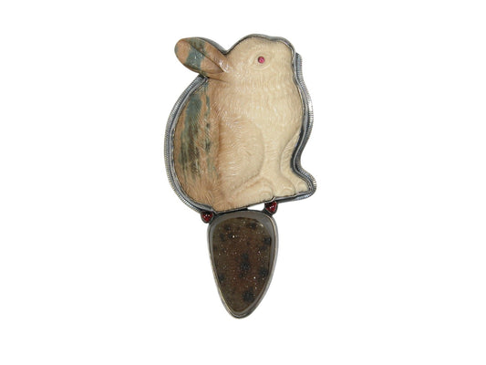 Hand Carved Fossil Rabbit with Drusy Sterling Silver Pin and Pendant