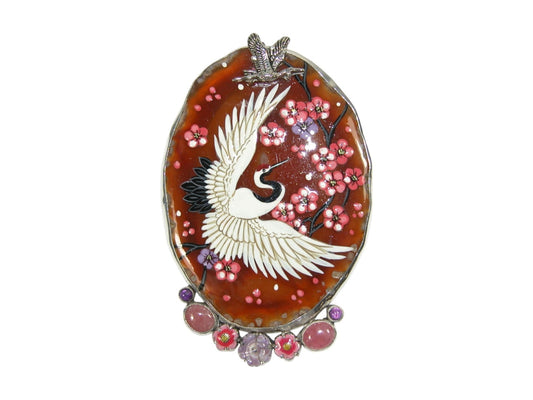 Hand Painted Crane on Agate with Rhodochrosite Sterling Silver Pin Pendant