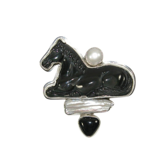 33168 Black Onyx Horse Pin Pendant with Mother of Pearl Pin and Pendant