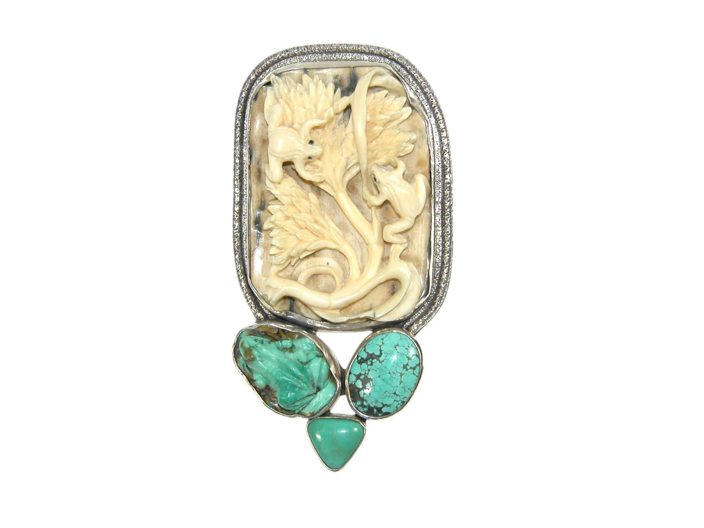 Hand Carved Collector's Fossil with Turquoise Frog Pin Pendant