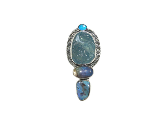 33620 Natural Hand Carved Aquamarine with Boulder Opal Sterling Silver Pin Pendant