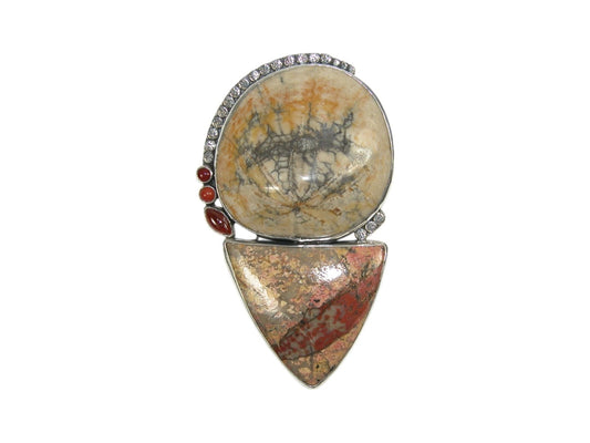 Fossilized Sand Dollar with Sunset Jasper Sterling Silver Pin Pendant