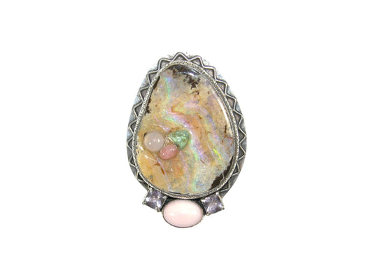 33622 Inlaid Opal with Gemstones Sterling Silver Pin and Pendant