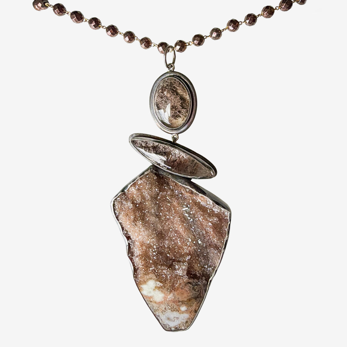 33623 Brazilian Agate Druzy, Dendritic Agate, Hematite Necklace