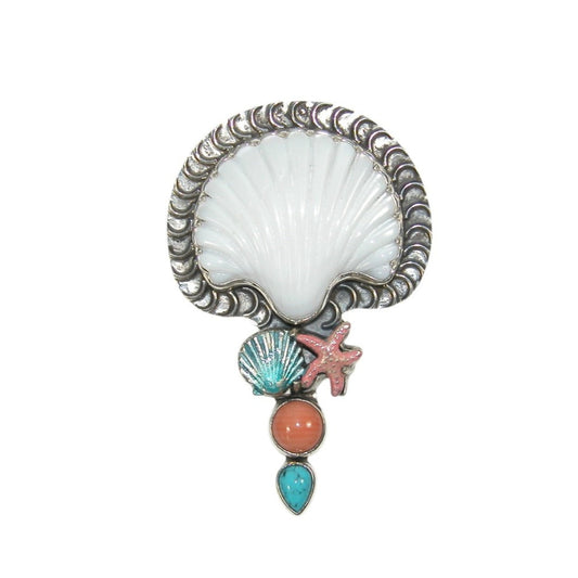 33625 Hand Carved Mother of Pearl Shell with Sea Bamboo Pin and Pendant